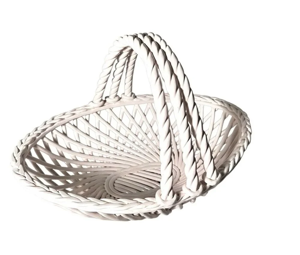 Italian White Porcelain Woven Rope Double Handle Gathering Basket Luxury Decor